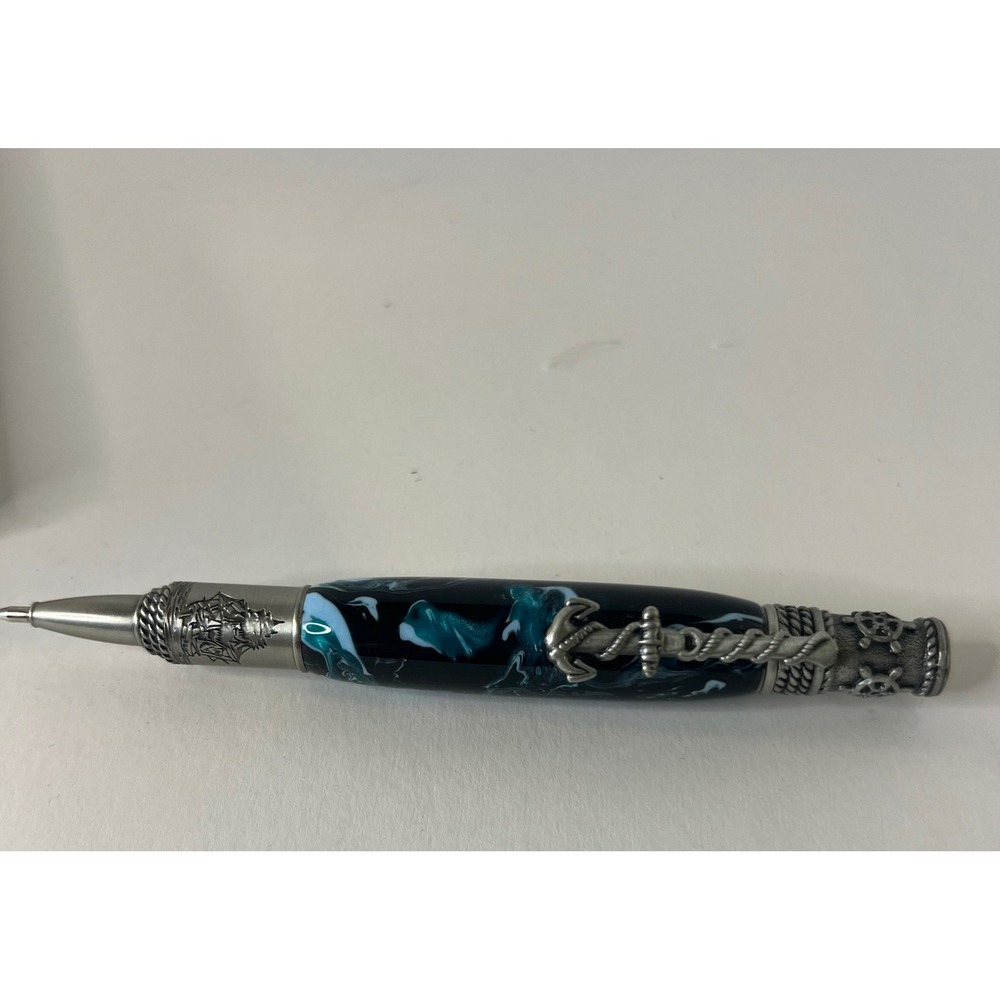 Hand Turned Antique Pewter Nautical Twist Pen Blue Black 6" NIP Sailor Pen